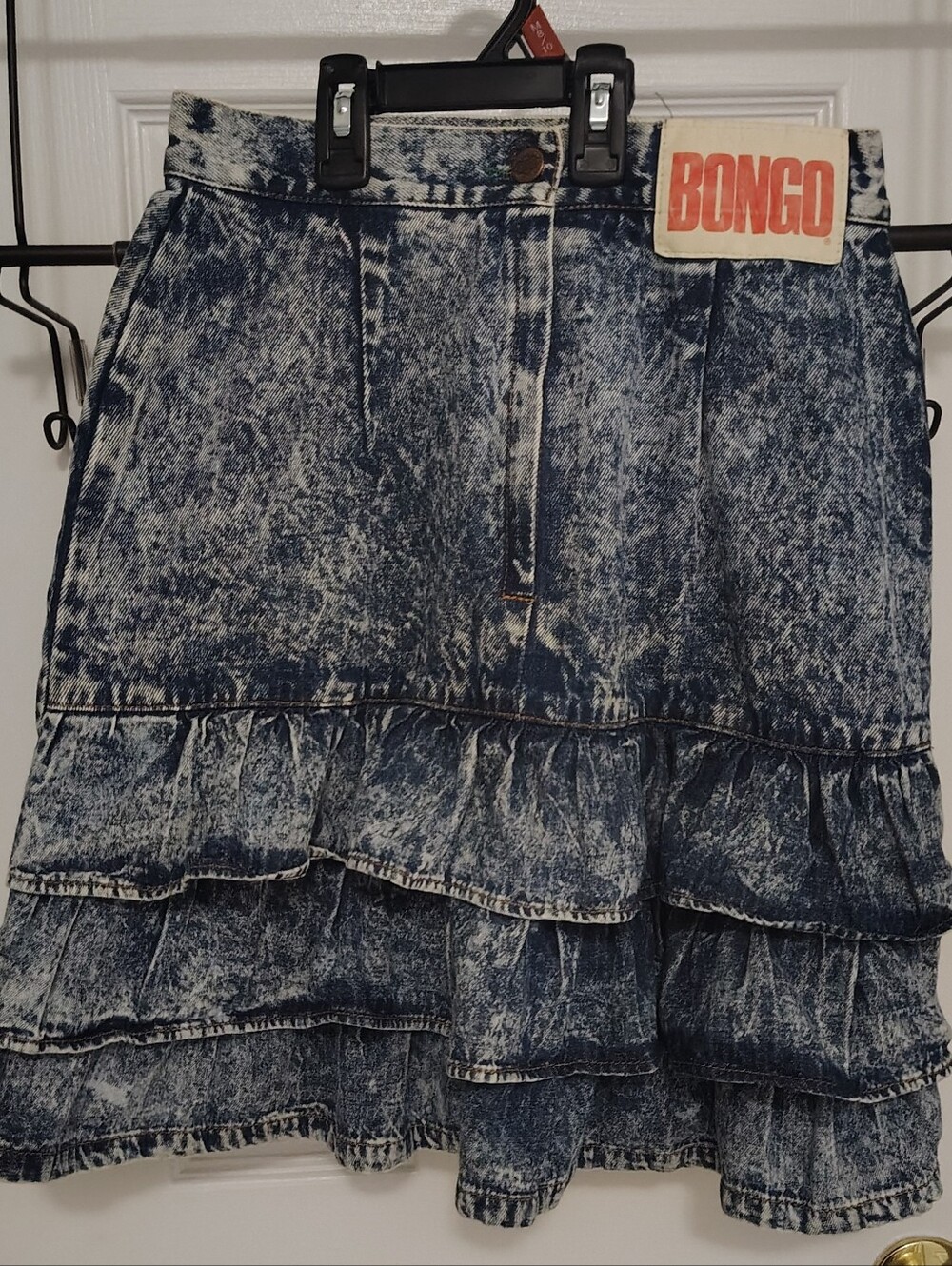 Vintage BONGO Women's Acid Wash Denim Ruffle Skirt - Blue